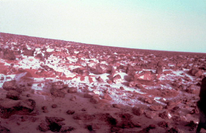 Viking image taken in May 1979. A very thin frost layer is shown over the reddish soil. (Credit: NASA/LPI)