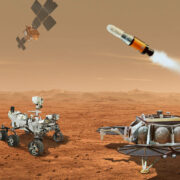 Concepto artístico de la Campaña Muestreo y retorno de Marte: esta ilustración muestra un concepto de varios plataformas espaciales, incluido un helicóptero, que se unirían para transportar a la Tierra muestras de rocas y suelo que el rover Perseverance
de la NASA está recolectando de la superficie marciana. Qué muestras tomar y planificar qué hacer con ellas es el objetivo del grupo de trabajo MCSG. Créditos: NASA/JPL-Caltech.