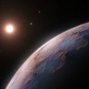 This artist’s impression shows a close-up view of Proxima d, a planet candidate recently found orbiting the red dwarf star Proxima Centauri, the closest star to the Solar System. The planet is believed to be rocky and to have a mass about a quarter that of Earth. Two other planets known to orbit Proxima Centauri are visible in the image too: Proxima b, a planet with about the same mass as Earth that orbits the star every 11 days and is within the habitable zone, and candidate Proxima c, which is on a longer five-year orbit around the star.