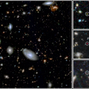 Imagen del campo profundo utilizado por los investigadores del MIRI Deep Imaging Survey (MIDIS) para buscar galaxias primigenias. La imagen combina datos de la cámara NIRCam, que toma datos en el infrarrojo cercano y medio. En la derecha se muestran algunas de las galaxias presentadas en el artículo, que se habrían formado entre 200 y 500 millones de años después del Big Bang, un 1-5% de la edad del universo actual. Créditos: Pierluigi Rinaldi, Rafael Navarro-Carrera, Pablo G. Pérez-González.